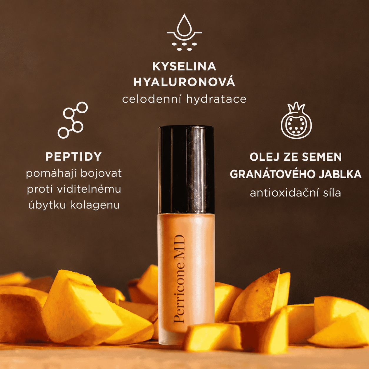 Kyselina hyaluronová, peptidy a olej ze semen granátového jablka v No Makeup Lip Oil Peach