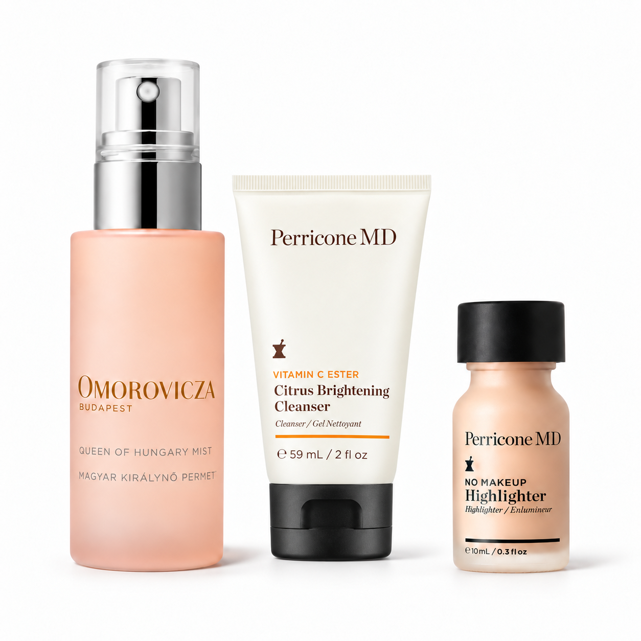 Set Pro svěží a rozzářenou pleť: pleťová mlha Omorovicza, čisticí gel Perricone MD a rozjasňovač Perricone MD