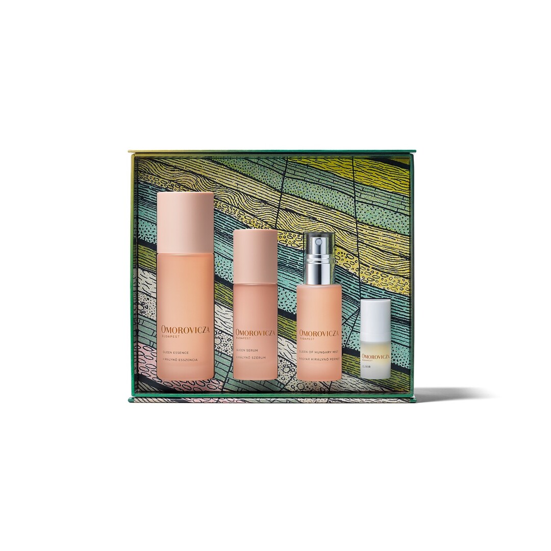 Otevřený dárkový set Omorovicza The Queen’s Ritual s produkty Queen Essence, Queen Serum, Queen of Hungary Mist a Omorovicza Elixir